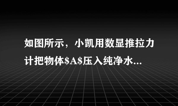 如图所示，小凯用数显推拉力计把物体$A$压入纯净水中，这时数显推拉力计示数为$3.2N$，物体$A$的质量为$0.6kg$，纯净水的密度是$1\times 10^{3}kg/m^{3}$，$g=10N/kg$。$(1)$求物体$A$的重力；$(2)$求图中物体$A$受到的浮力；$(3)$取走数显推拉力计，当物体$A$静止时，求物体$A$排开水的质量，并画出物体$A$的受力示意图；(用点$A$表示物体$A)$$(4)$求物体$A$的体积。