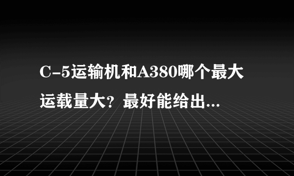 C-5运输机和A380哪个最大运载量大？最好能给出具体数据。