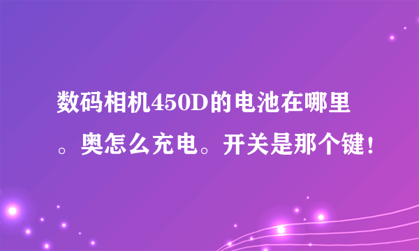 数码相机450D的电池在哪里。奥怎么充电。开关是那个键！