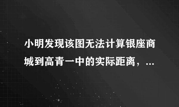 小明发现该图无法计算银座商城到高青一中的实际距离，原因是该图缺少（　　）A.方向B.图例C.比例尺D.注记