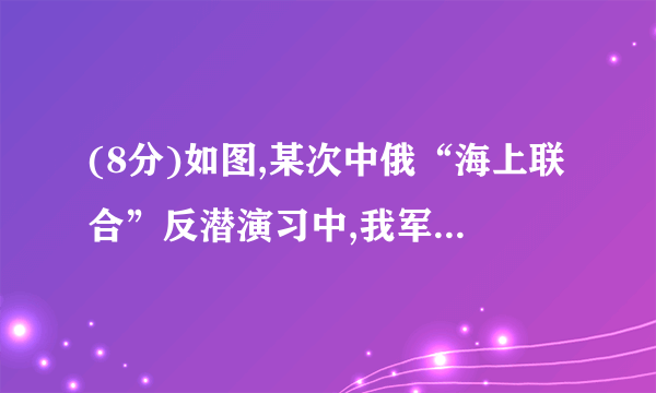 (8分)如图,某次中俄“海上联合”反潜演习中,我军舰A测得潜艇C的俯角为30°.位于军舰A正上方1000米的反潜直升机B侧得潜艇C的俯角为68°.试根据以上数据求出潜艇C离开海平面的下潜深度.(结果保留整数.参考数据:sin68°≈0.9,cos68°≈0.4,tan68°≈2.5, ≈1.7)